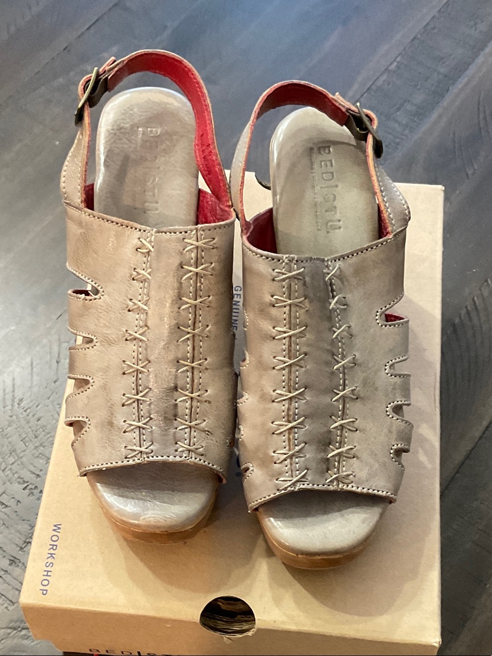 BED|STU Taupe Leather Open-Toe Slingback Wedges with Red Lining